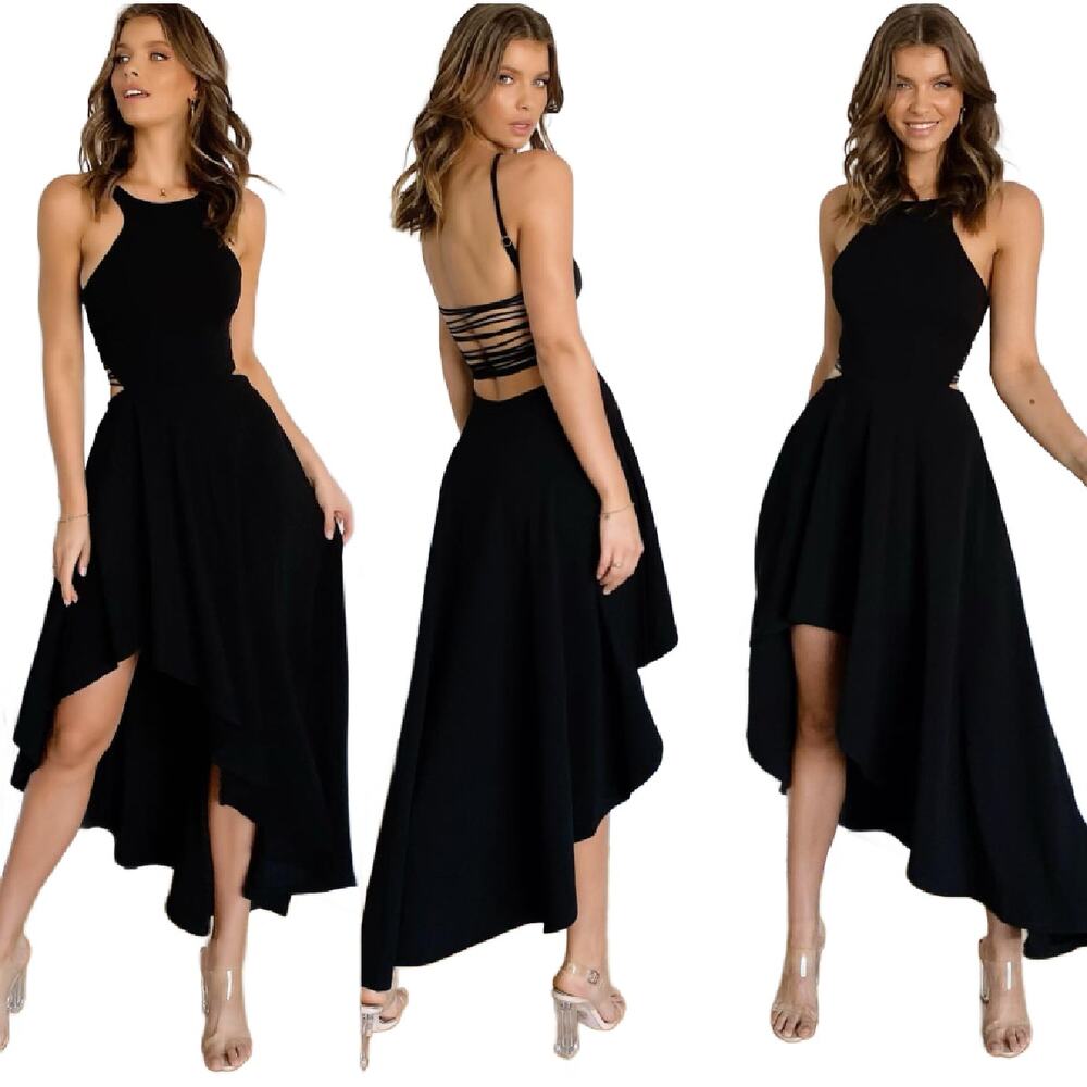 SELFIE LESLIE Dancing Queen Strappy Back Mini to Maxi Dress Small Asymmetrical
